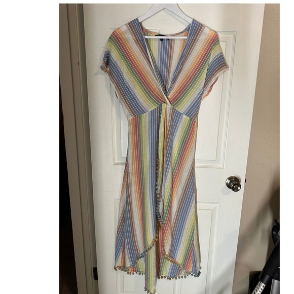 America & Beyond Other - America & Beyond Striped Maxi Coverup Pom Pom Trim Boho Large